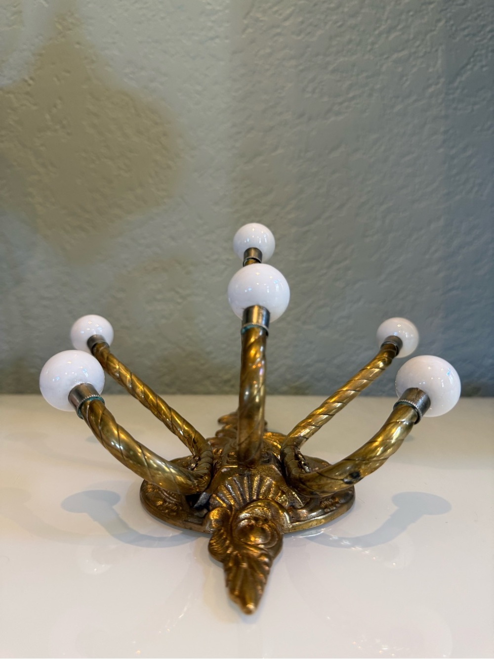 Vintage Brass Wall Hook Rack with White Ceramic Knobs - Picture 9 of 10